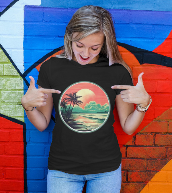 Tropical Ocean Moonscape Palms Waves Sunset Sky T-Shirt