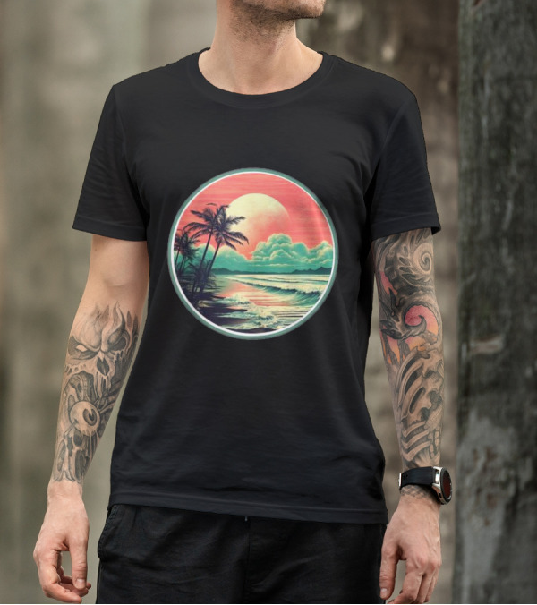 Tropical Ocean Moonscape Palms Waves Sunset Sky T-Shirt