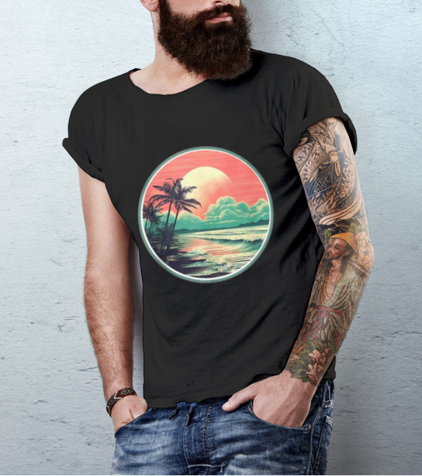 Tropical Ocean Moonscape Palms Waves Sunset Sky T-Shirt