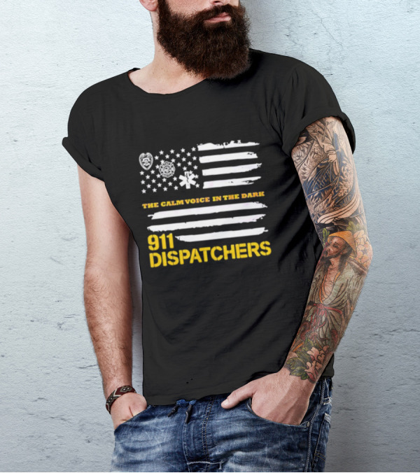 911 Dispatchers The Calm Voice In The Dark With Emergency Symbols And Distressed American Flag T-Shirt