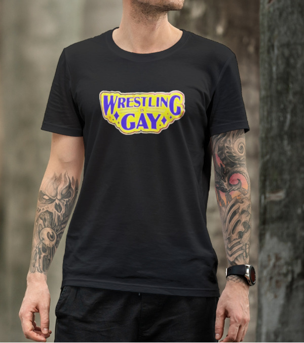 Wrestling Is Gay Emblem Bold Yellow And Purple Text T-Shirt
