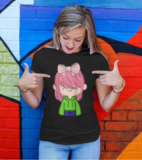 Alli Cat Pink Hair Girl Green Hoodie Bow Raglan Baseball T-Shirt