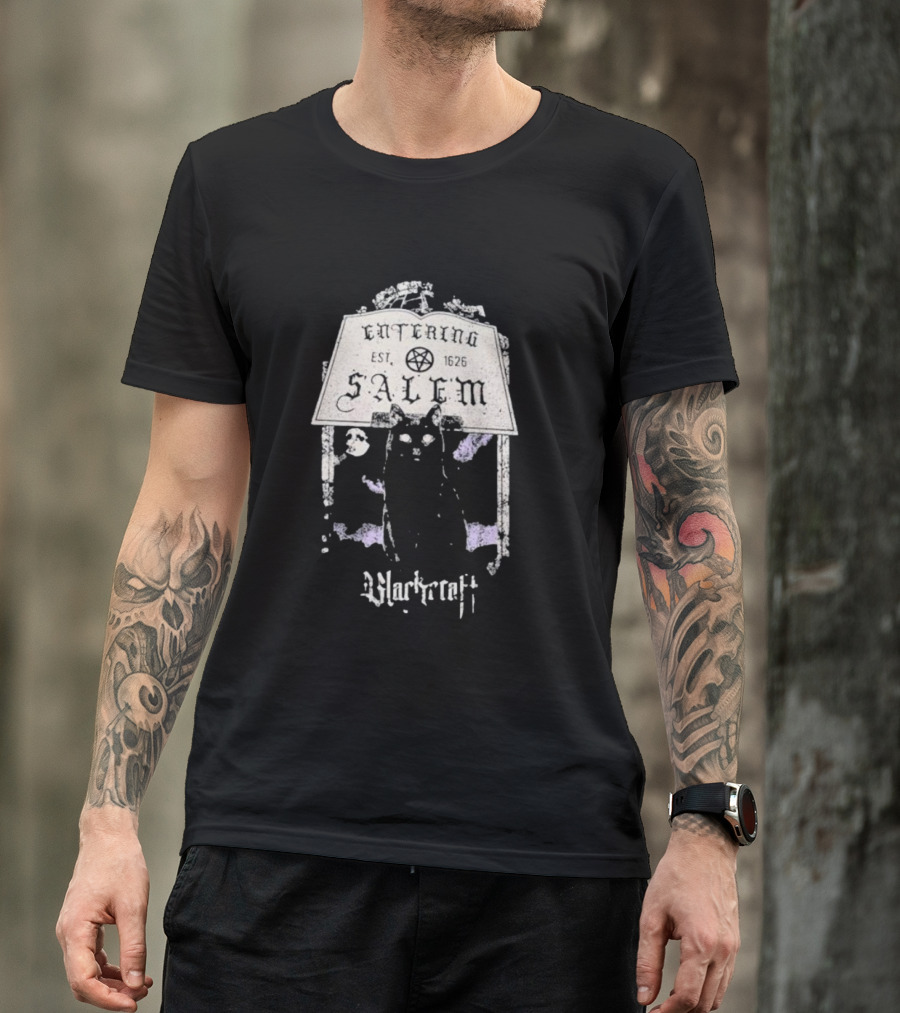 Entering Est 1626 Salem Blackcraft Cult Black Cat And Pentagram T-Shirt