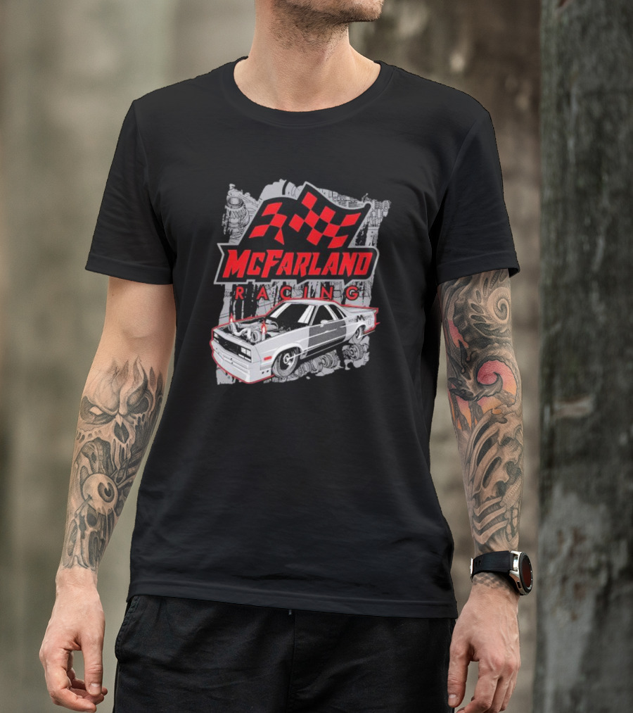McFarland Racing Cleetus Mullet Turbocharged Car And Checkered Flag T-Shirt