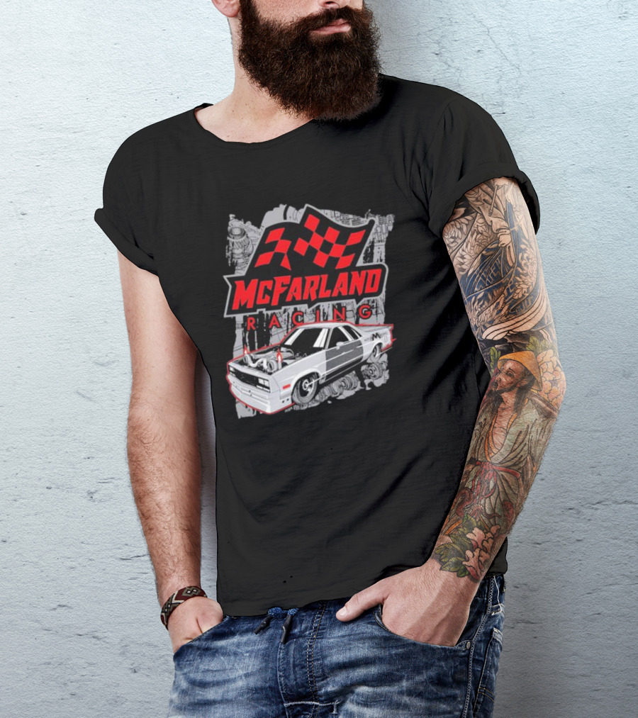 McFarland Racing Cleetus Mullet Turbocharged Car And Checkered Flag T-Shirt