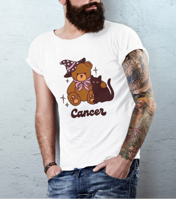 Cancer Teddy Bear With Witch Hat And Black Cat T-Shirt