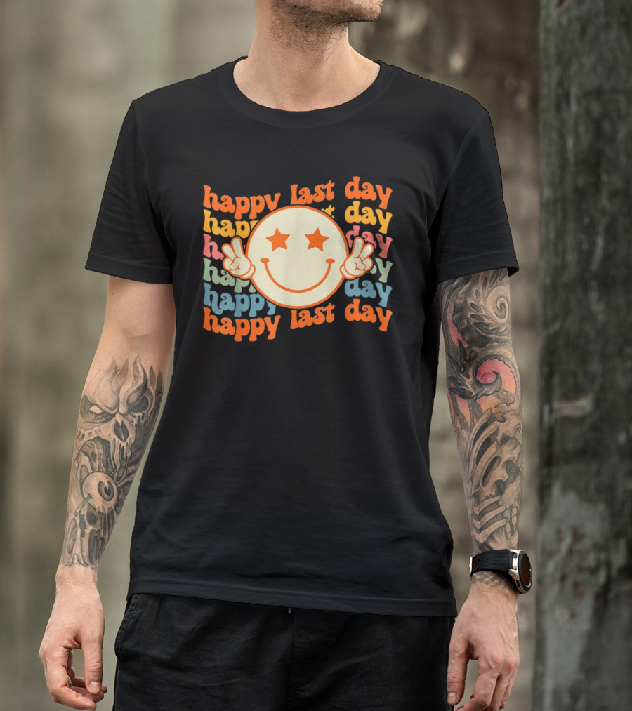 Groovy Happy Last Day Smile Face Peace Sign Teacher Student T-Shirt