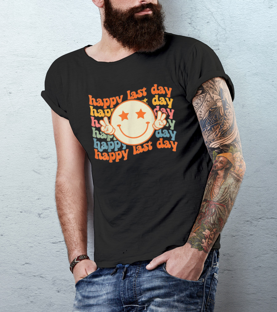 Groovy Happy Last Day Smile Face Peace Sign Teacher Student T-Shirt