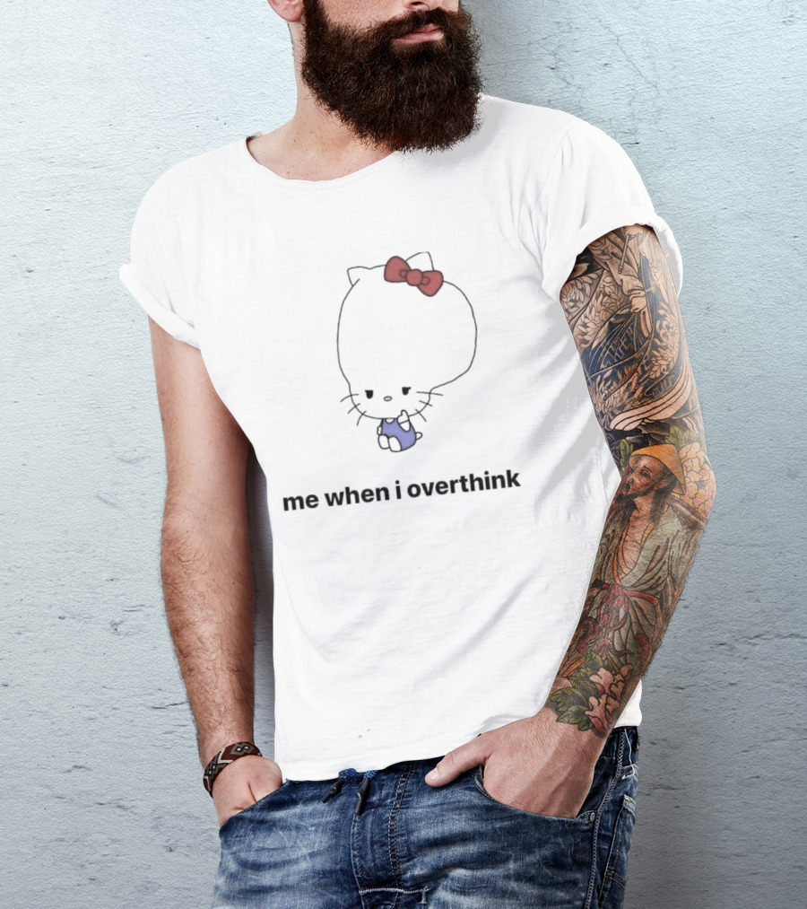 Me When I Overthink Kitty Red Bow Blue T-Shirt