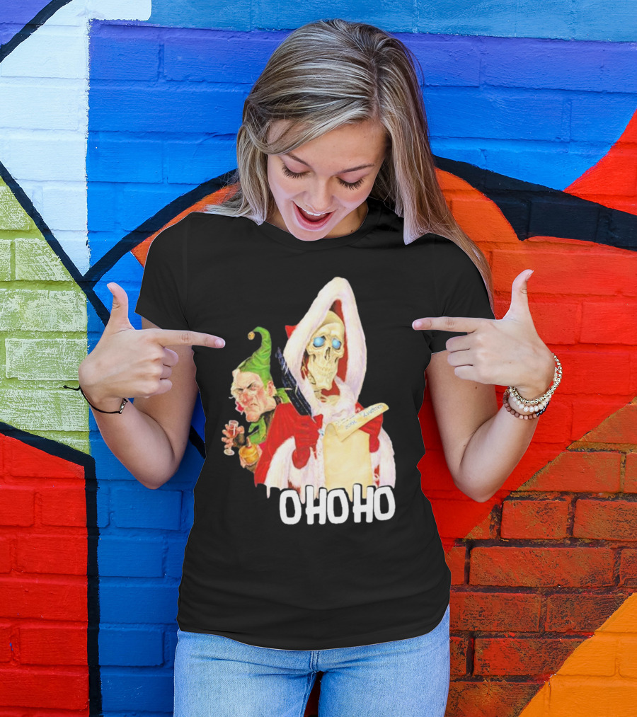 Death With Albert Skeleton Santa And Grumpy Elf Ho Ho Ho T-Shirt