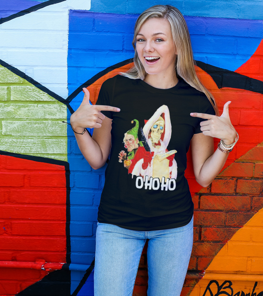 Death With Albert Skeleton Santa And Grumpy Elf Ho Ho Ho T-Shirt