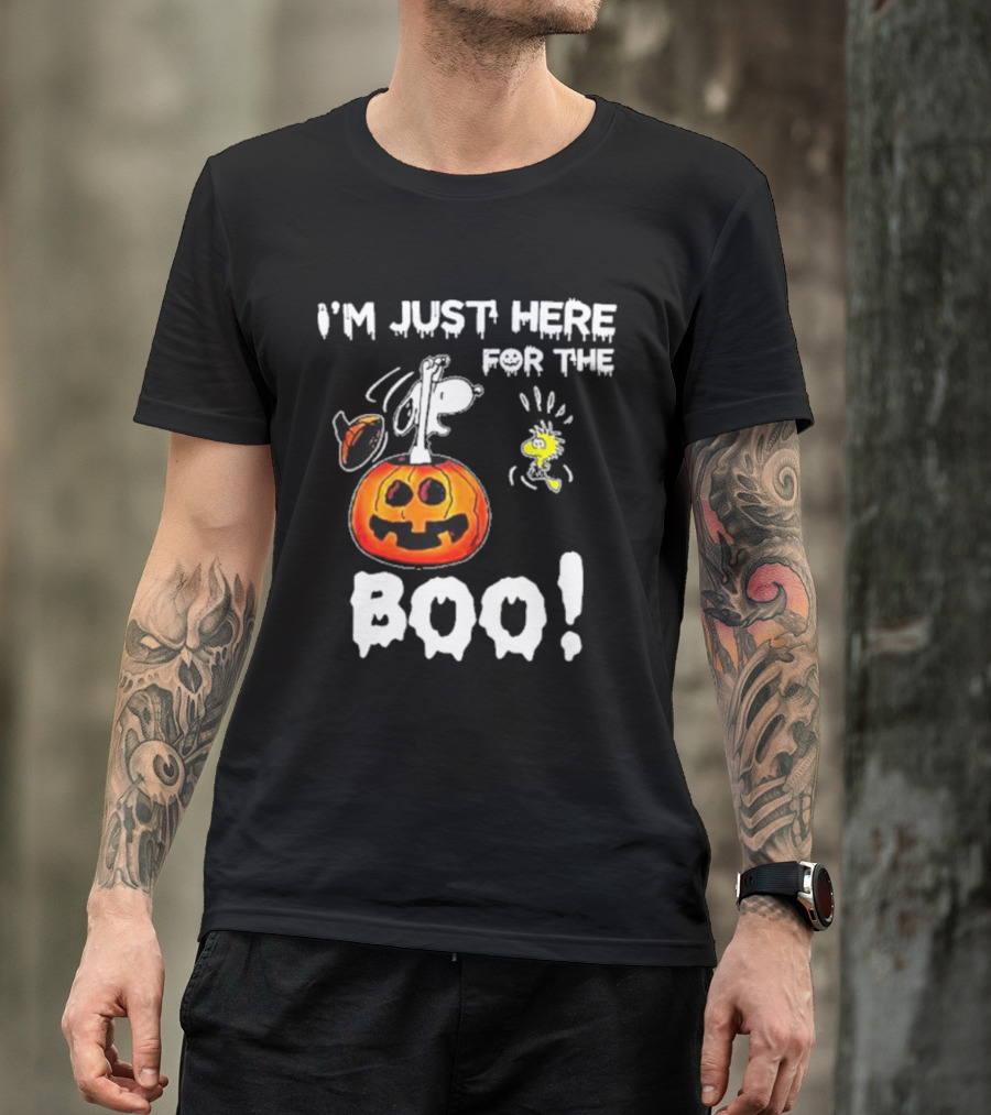 Snoopy And Woodstock Halloween I'm Just Here For The Boo Pumpkin T-Shirt