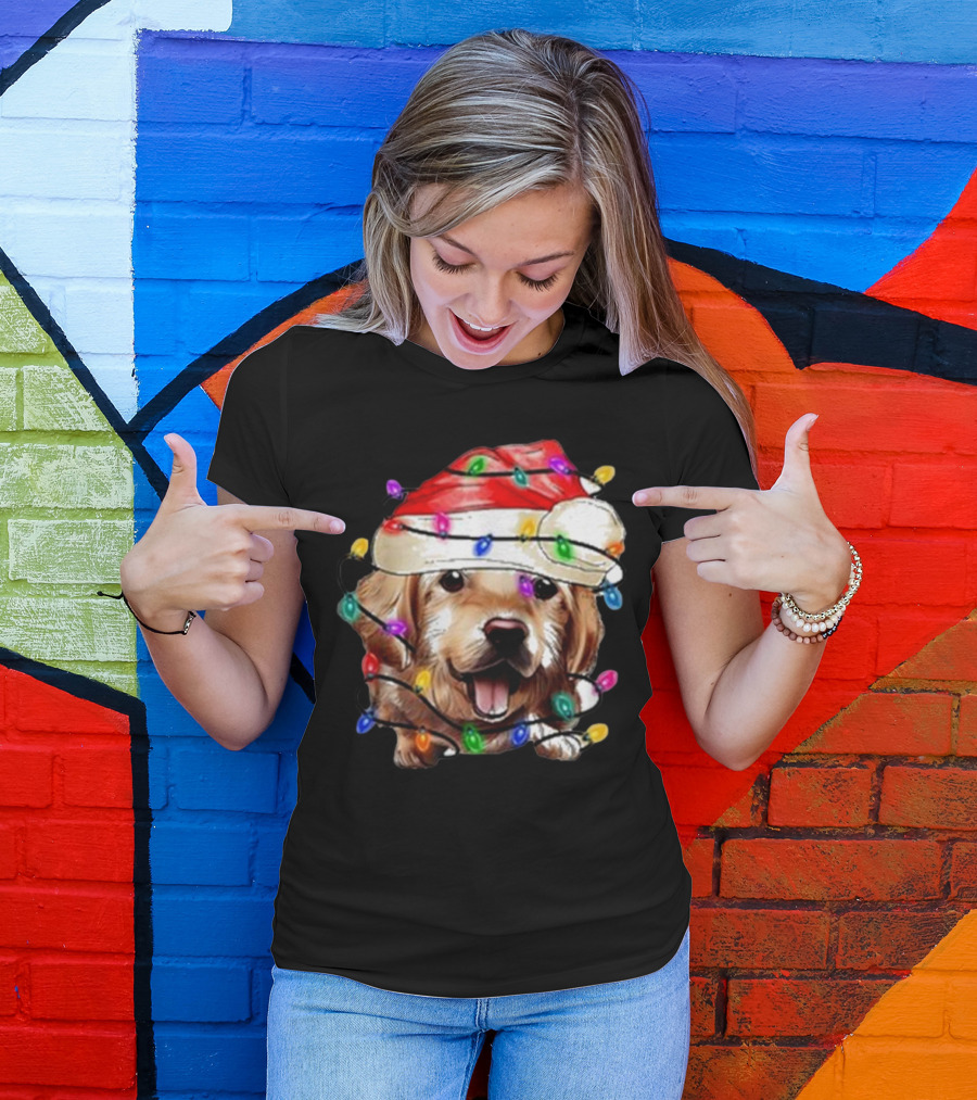 Christmas Lights Dog Lover Santa Hat Raglan T-Shirt