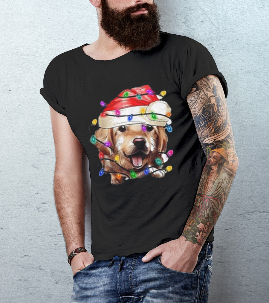 Christmas Lights Dog Lover Santa Hat Raglan T-Shirt