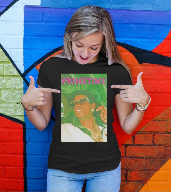 PRIMETIME Deion Sanders Sunglasses Gold Chains Retro Vibe T-Shirt