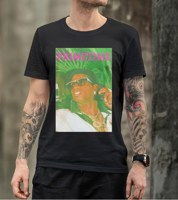 PRIMETIME Deion Sanders Sunglasses Gold Chains Retro Vibe T-Shirt