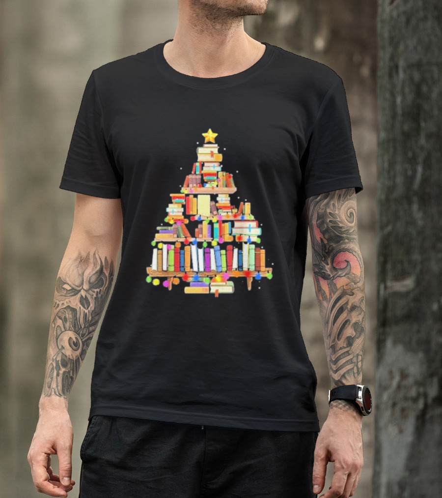 Christmas Tree Made Of Stacked Colorful Books With Star And Lights T-Shirt