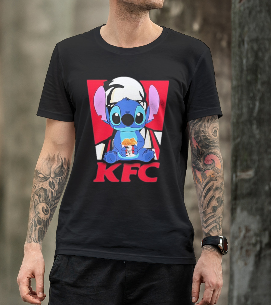 Stitch Eating KFC With Logo Background T-Shirt