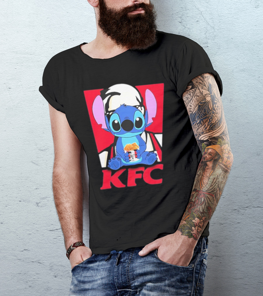 Stitch Eating KFC With Logo Background T-Shirt