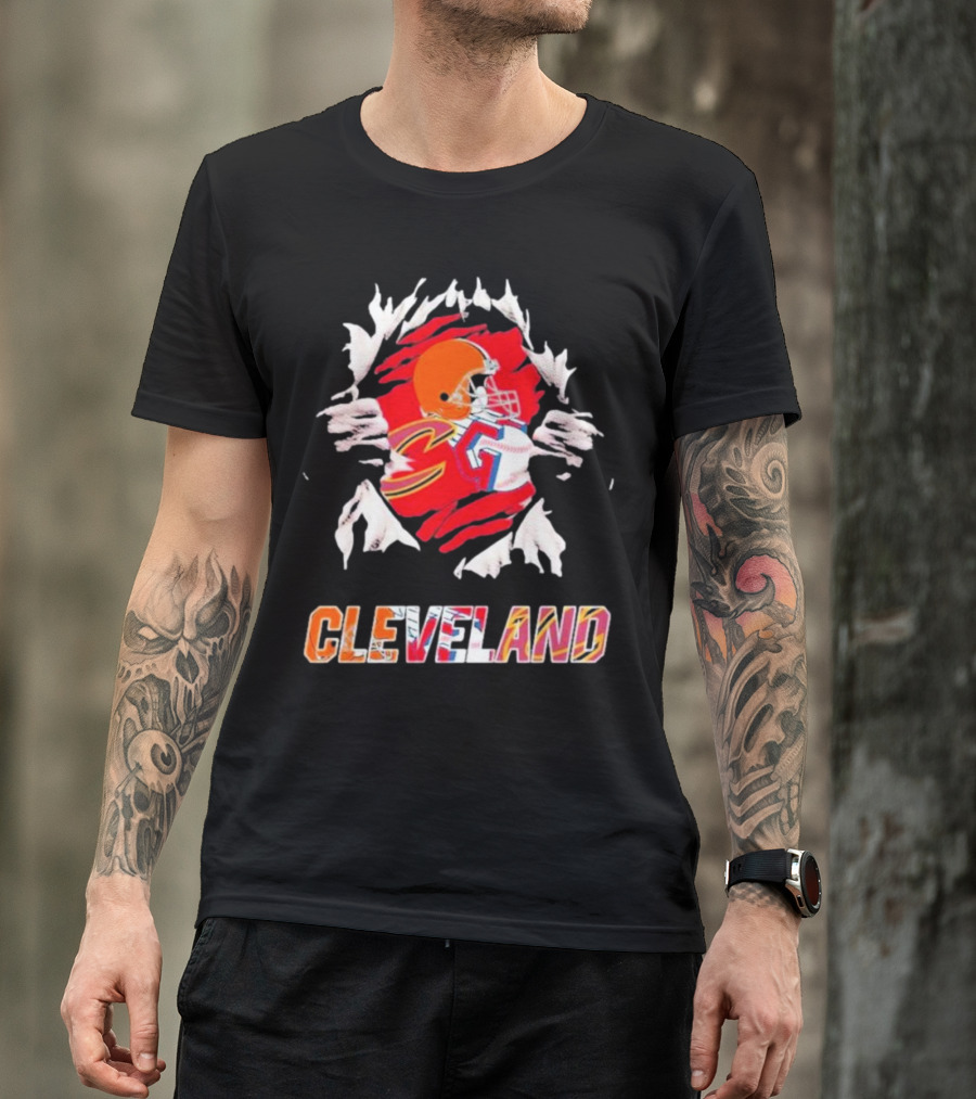 Cleveland Football Helmet And Jersey Inside Torn T-Shirt
