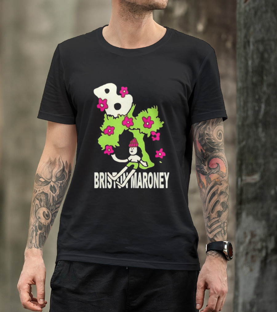 Briston Maroney Cartoon Character With Green Planet And Pink Flowers T-Shirt