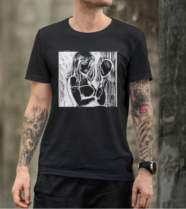 Billie Eilish Store Mirror Art Black And White Line Drawing Woman With Handheld Mirror T-Shirt