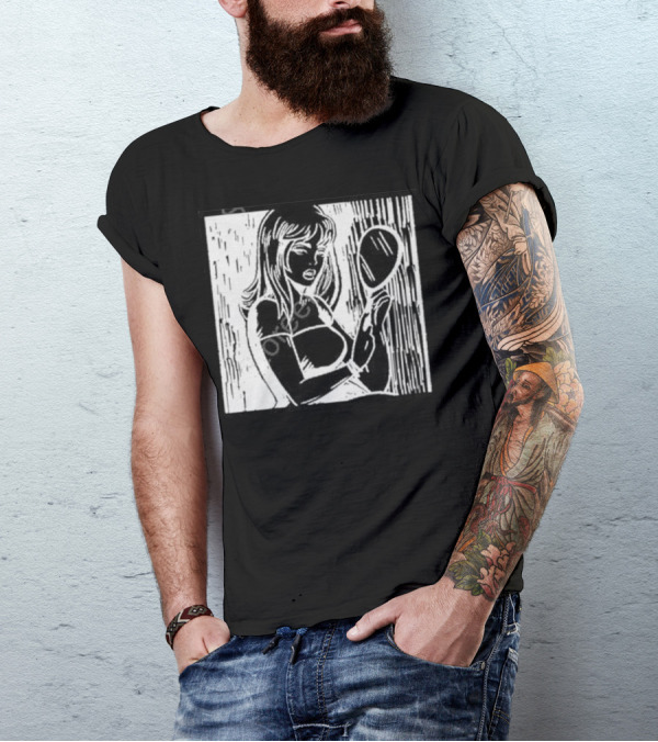 Billie Eilish Store Mirror Art Black And White Line Drawing Woman With Handheld Mirror T-Shirt
