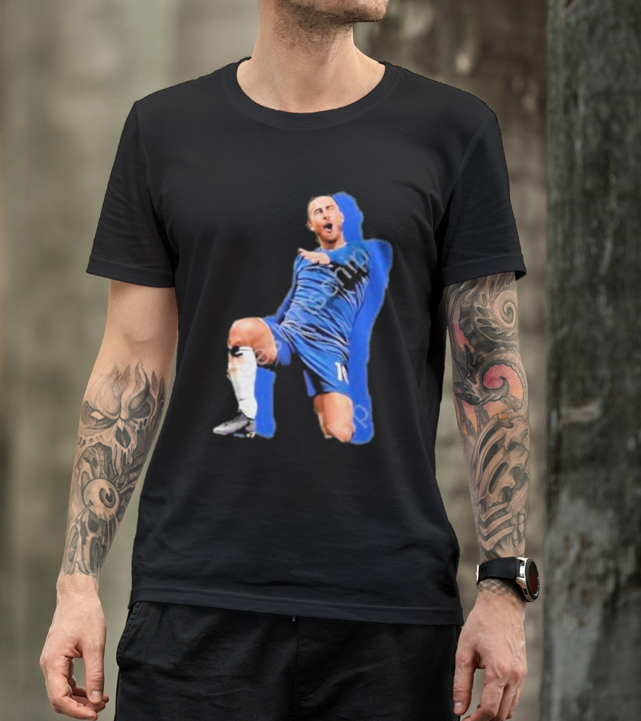 The By Line Show Garden Of Eden Celebration Pose Soccer Player In Blue Jersey T-Shirt