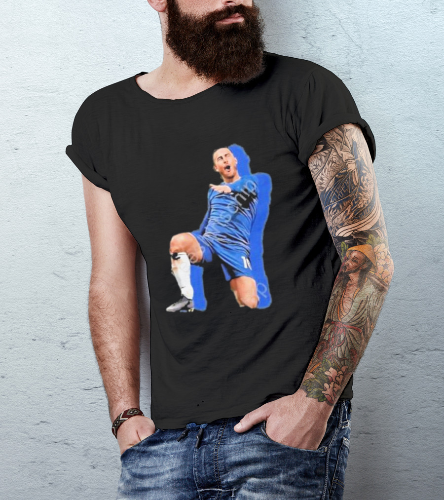 The By Line Show Garden Of Eden Celebration Pose Soccer Player In Blue Jersey T-Shirt