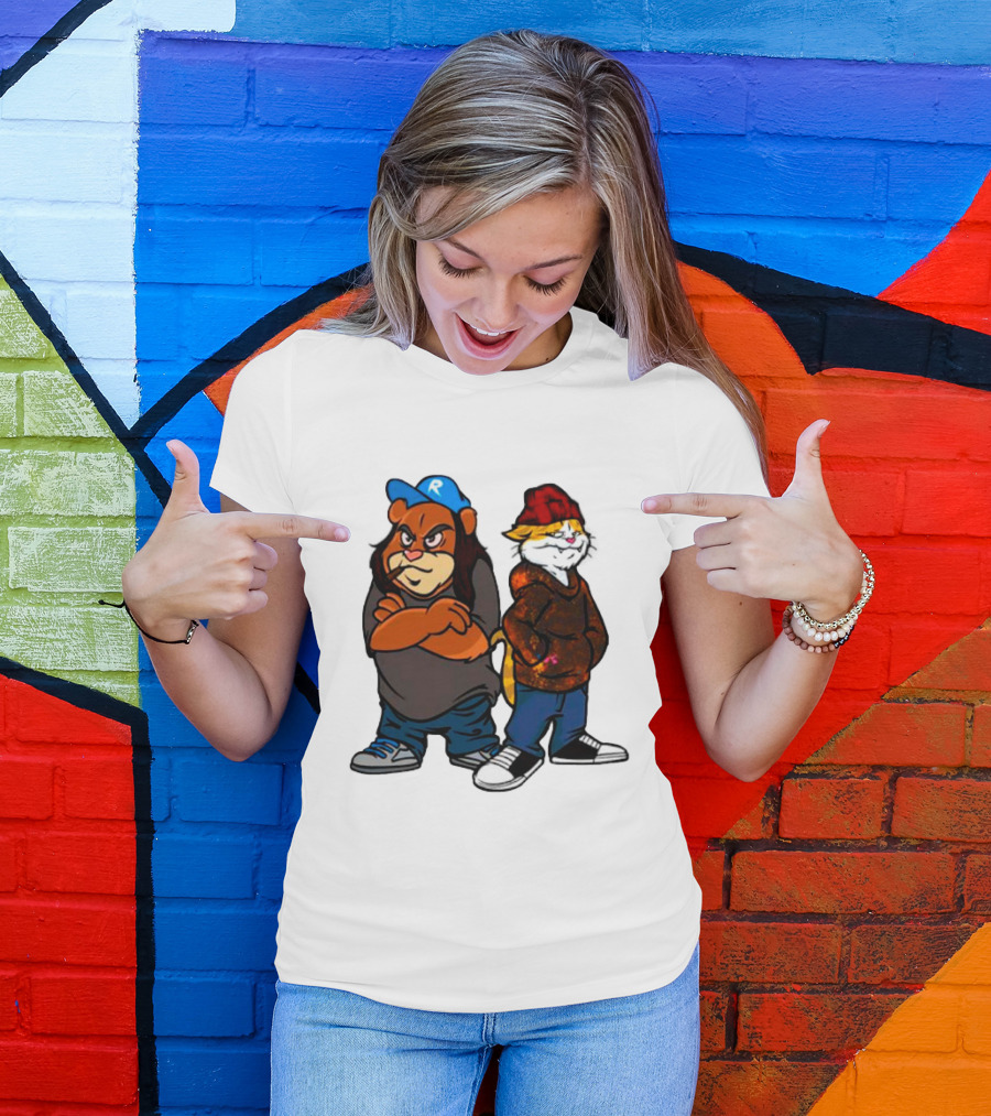 Phobik X Ratchet Cartoon Bear In Blue Cap And Cat In Red Beanie T-Shirt