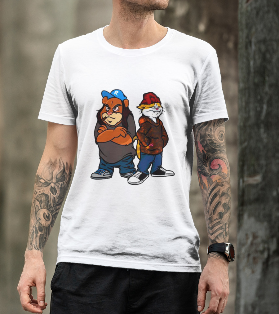 Phobik X Ratchet Cartoon Bear In Blue Cap And Cat In Red Beanie T-Shirt