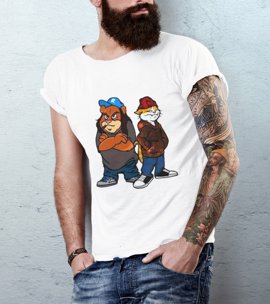 Phobik X Ratchet Cartoon Bear In Blue Cap And Cat In Red Beanie T-Shirt