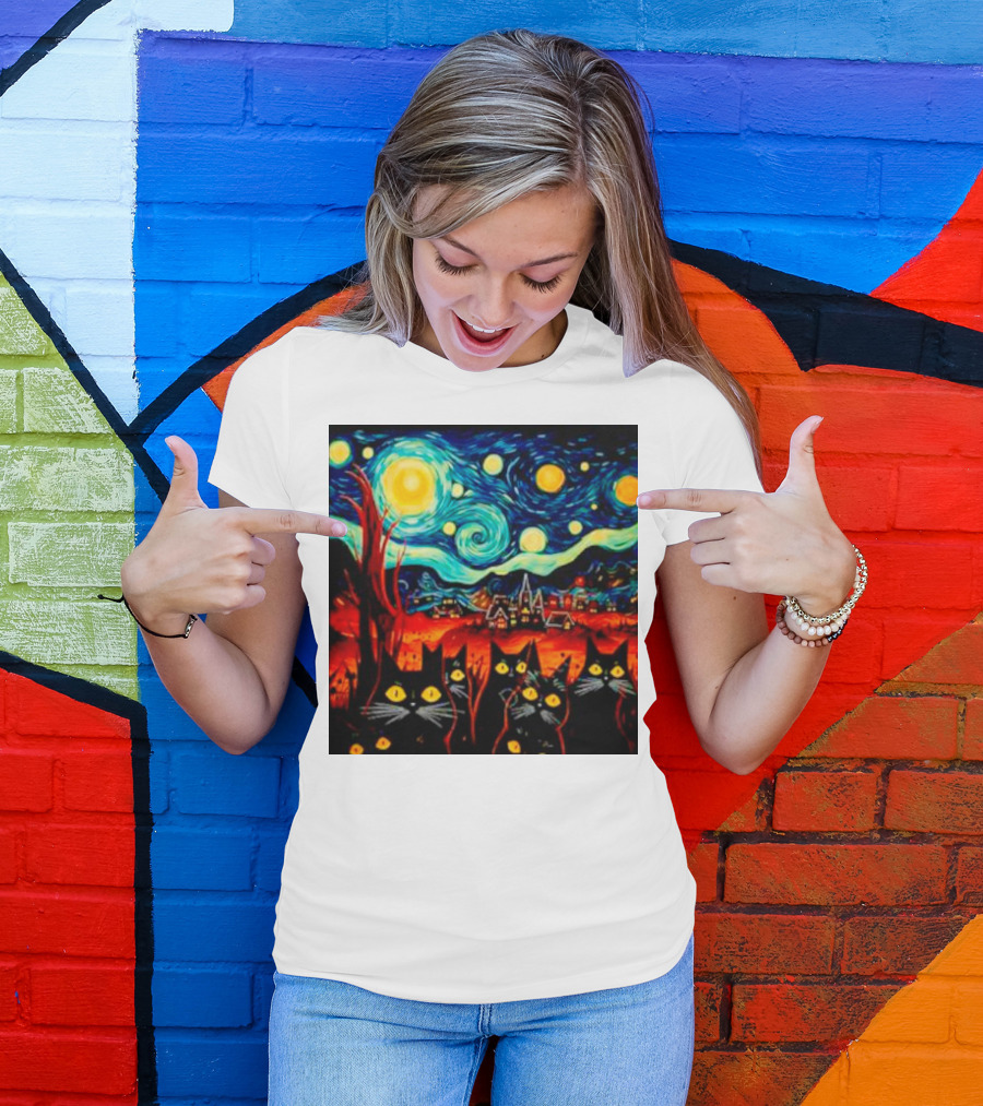 Starry Night Black Cat Van Gogh T-Shirt
