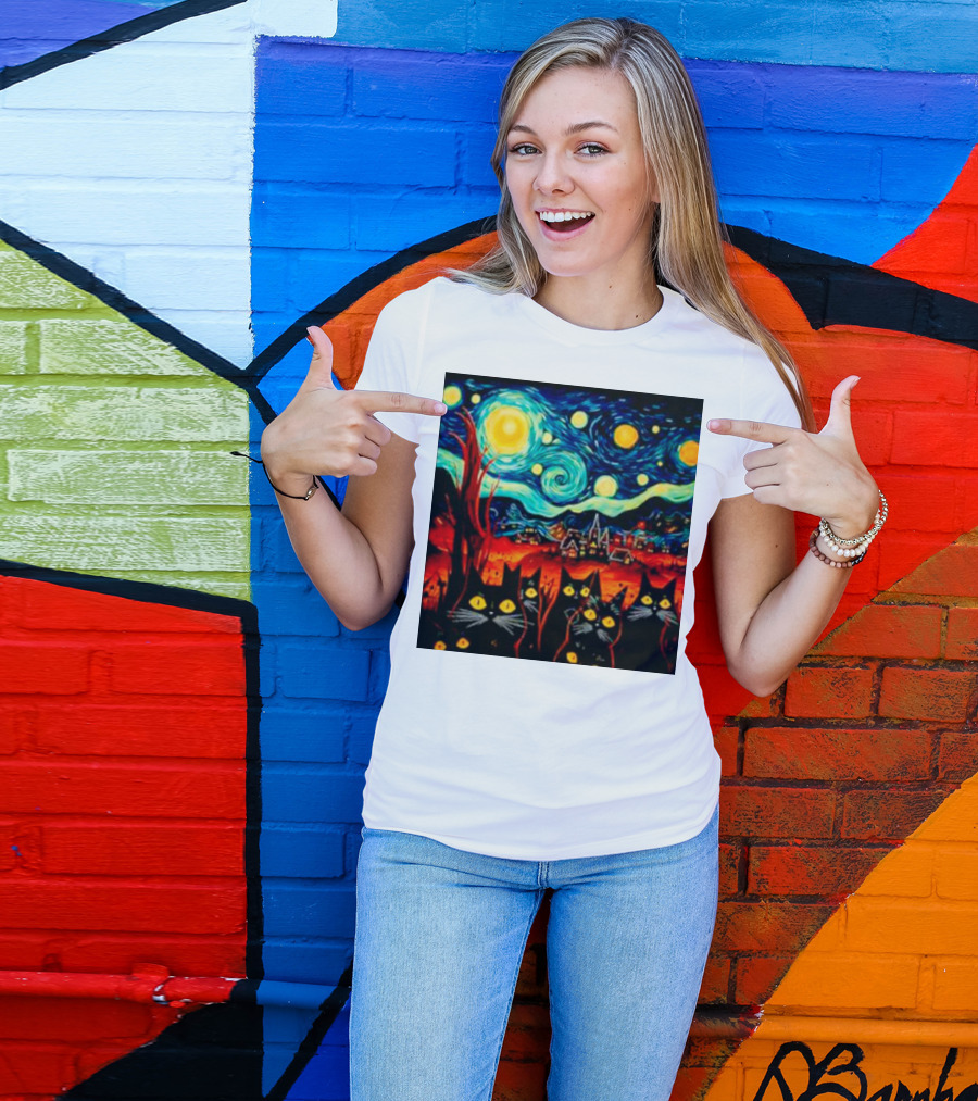 Starry Night Black Cat Van Gogh T-Shirt