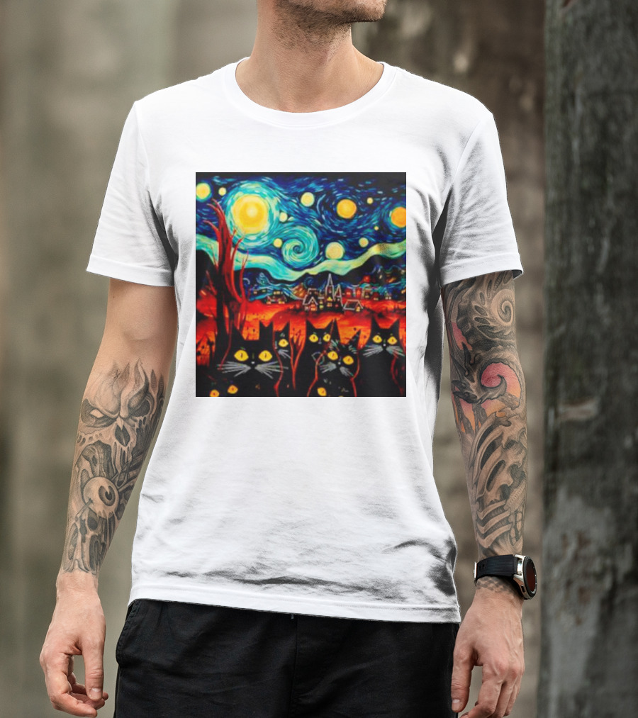 Starry Night Black Cat Van Gogh T-Shirt