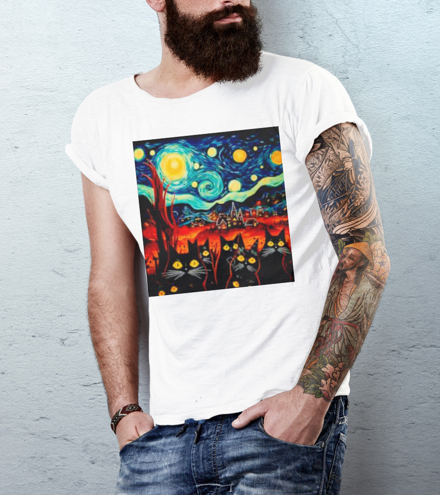 Starry Night Black Cat Van Gogh T-Shirt