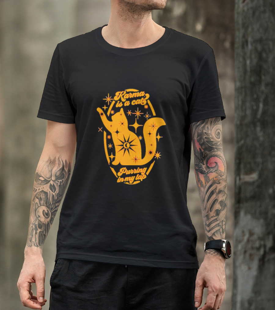 Karma Is A Cat Purring In My Lap With Celestial Stars And Moon T-Shirt