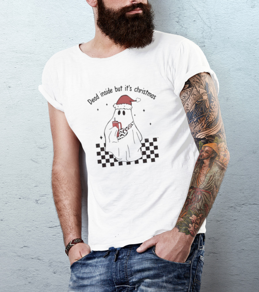 Dead Inside But It's Christmas Ghost With Santa Hat And Mug T-Shirt