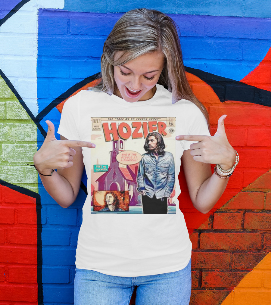 Hozier The Take Me To Church Group Comic Style With Giggle At A Funeral Text T-Shirt