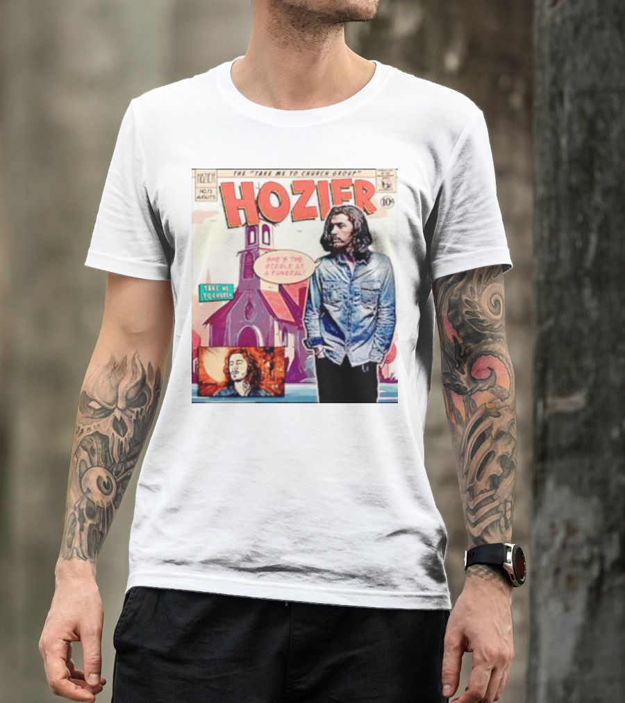 Hozier The Take Me To Church Group Comic Style With Giggle At A Funeral Text T-Shirt