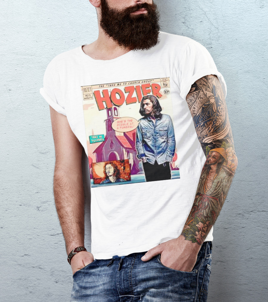 Hozier The Take Me To Church Group Comic Style With Giggle At A Funeral Text T-Shirt