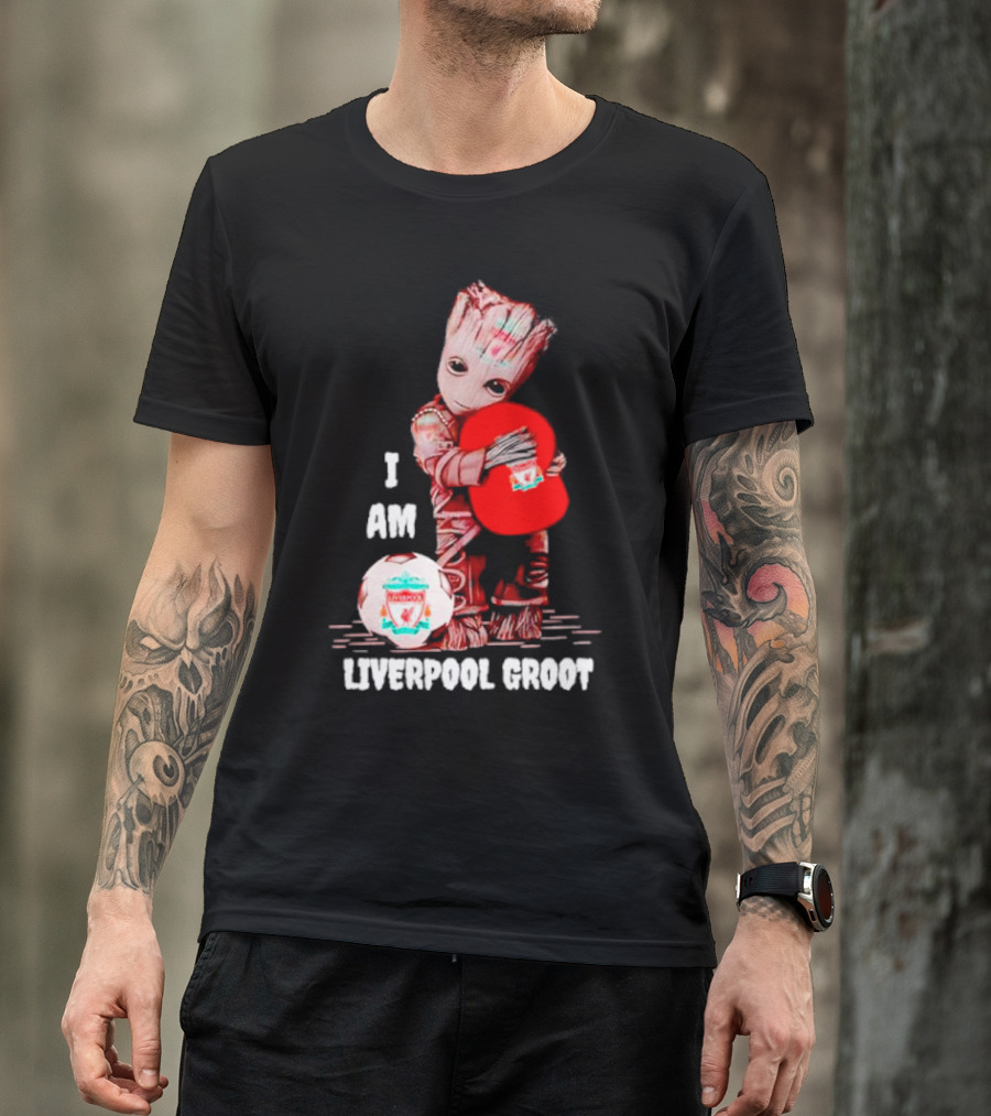 Groot I Am Liverpool FC Soccer Ball Hugging Tree Creature T-Shirt