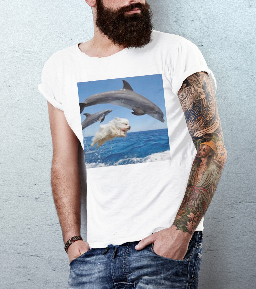 Dog Diving With Dolphins In Ocean T-Shirt
