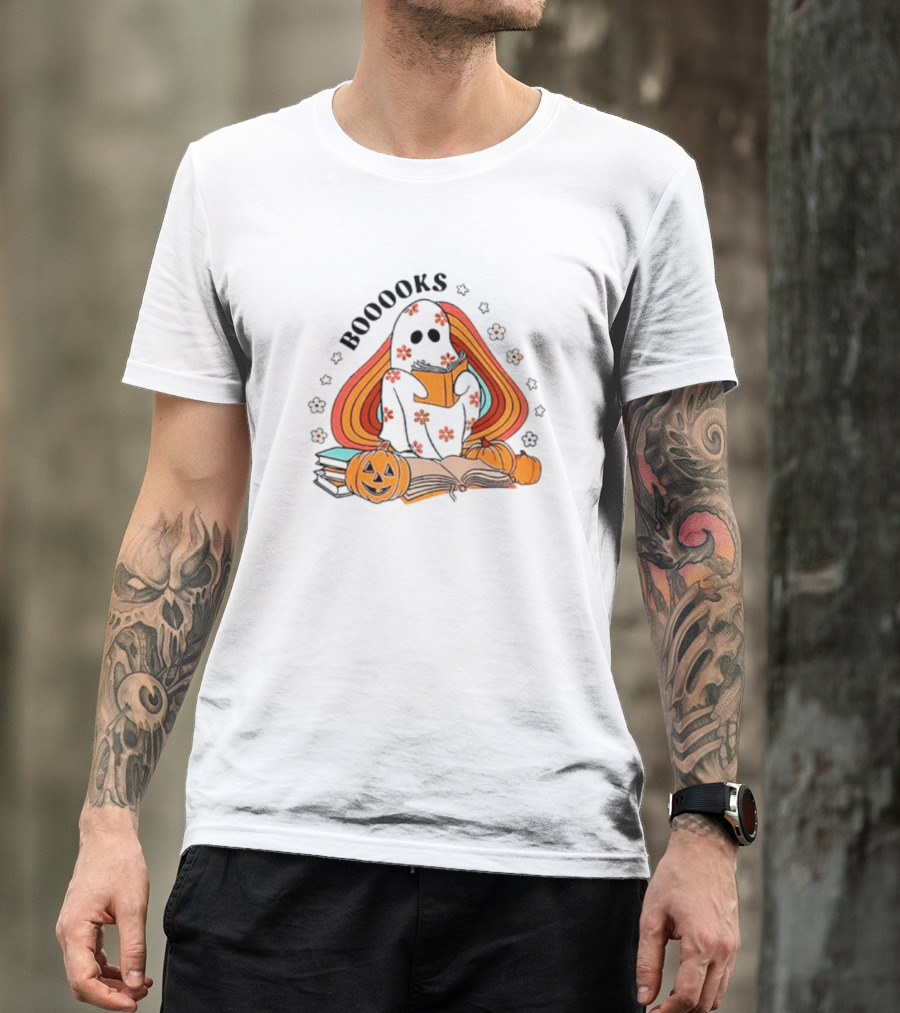 BOOOOKS Ghost Reading With Pumpkins And Flowers T-Shirt