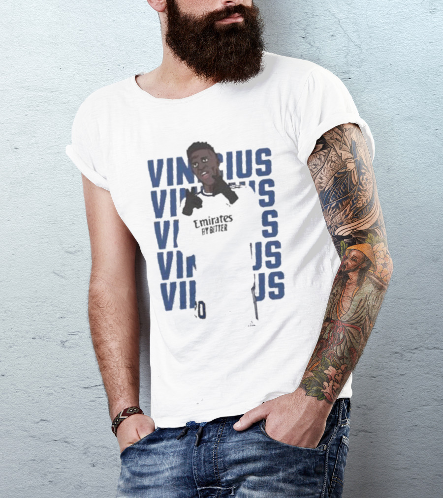 Vinicius Junior Portrait With Textured Blue Repeated Name T-Shirt