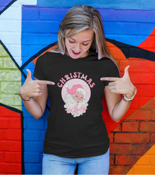 Christmas Vibes Santa Claus Pink Background T-Shirt