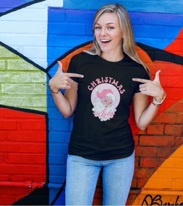 Christmas Vibes Santa Claus Pink Background T-Shirt