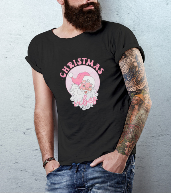 Christmas Vibes Santa Claus Pink Background T-Shirt
