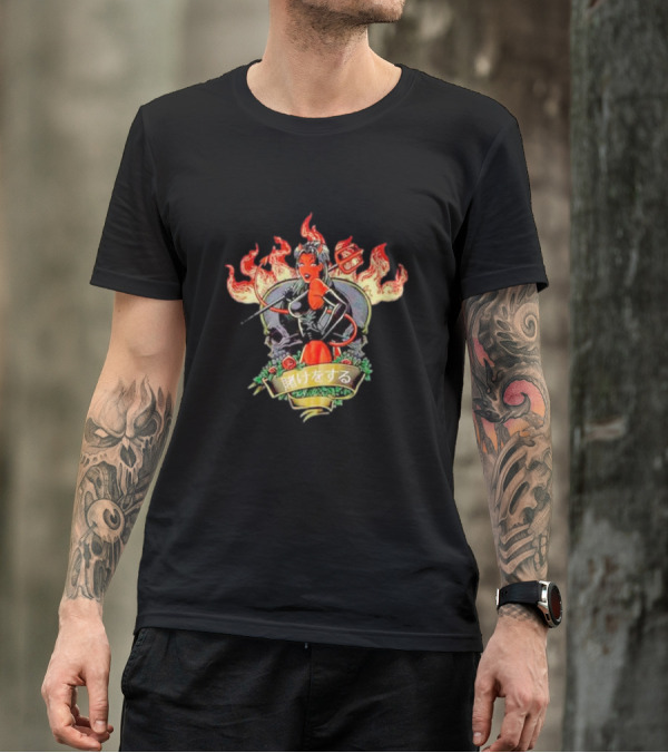 Devil Babe Racing In Flames With Japanese Text And Skull Elements T-Shirt