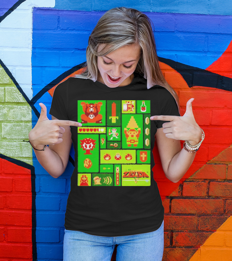 Legend Of Zelda Pixel Art Collage Retro Gaming Icons T-Shirt